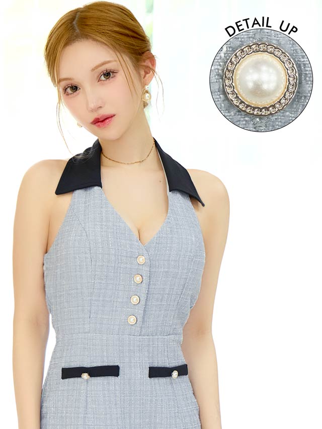 ホルターネックツイードパールボタン襟付きタイトミニドレス[XS~L/4サイズ展開]