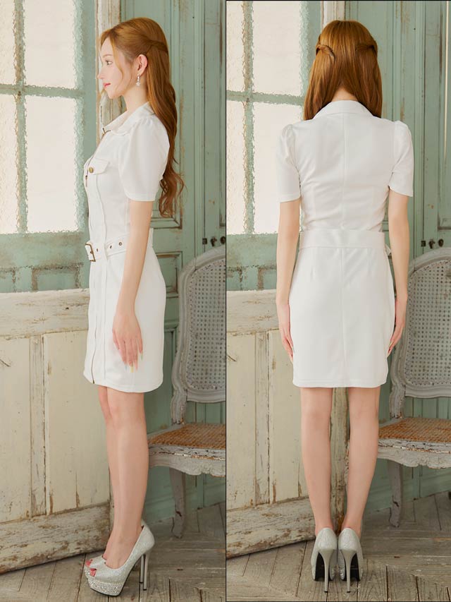 フロントジップワッフルベルトモチーフライン半袖タイトミニドレス[SML/3サイズ展開]