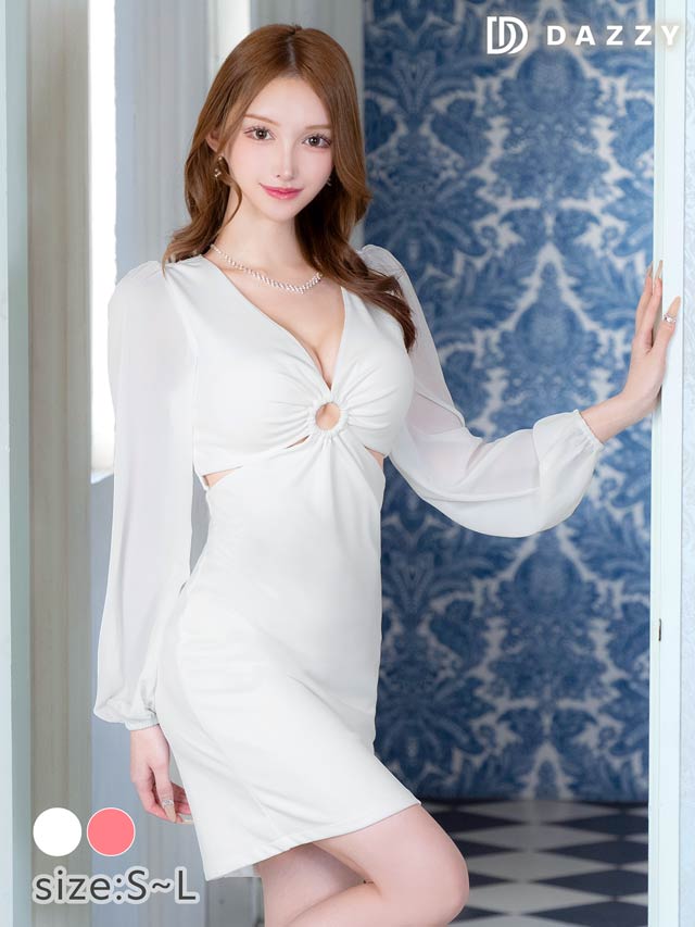 フロントギャザーカットアウトリング長袖タイトミニドレス[SML/3サイズ展開]