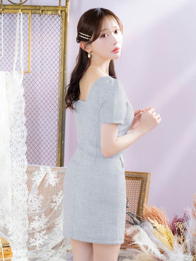 バイカラーツイードパールビジューボタン半袖タイトミニドレス[XS~L/4サイズ展開]