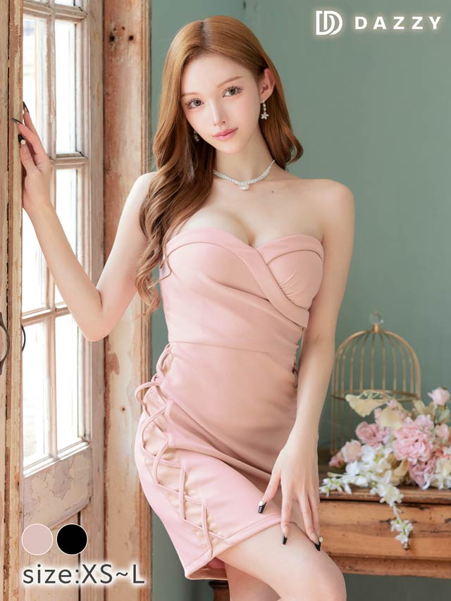 ヌーディレースアップカシュクールベアトップタイトミニドレス[XS~L/4サイズ展開]