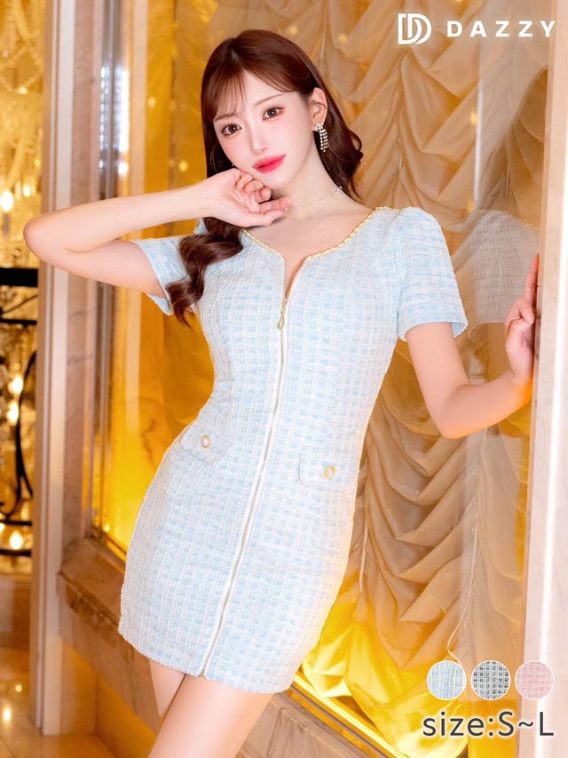 チェーンネックツイードジップアップ半袖タイトミニドレス[SML/3サイズ展開][明日花キララ着用]