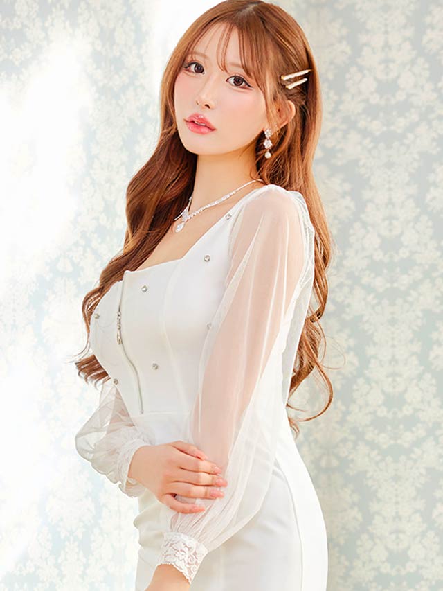 8/7再入荷!スクエアネックビジューファスナーチュール長袖タイトミニドレス[SML/3サイズ展開][伊藤桃々着用]