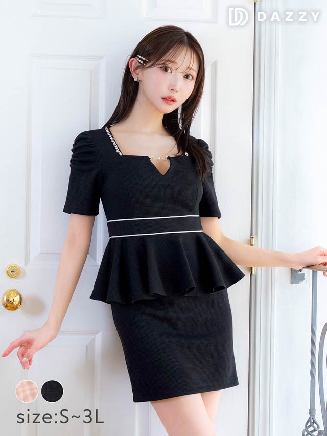 ワッフルスクエアビジューVカットペプラム半袖タイトミニドレス[S~3L/5サイズ展開]