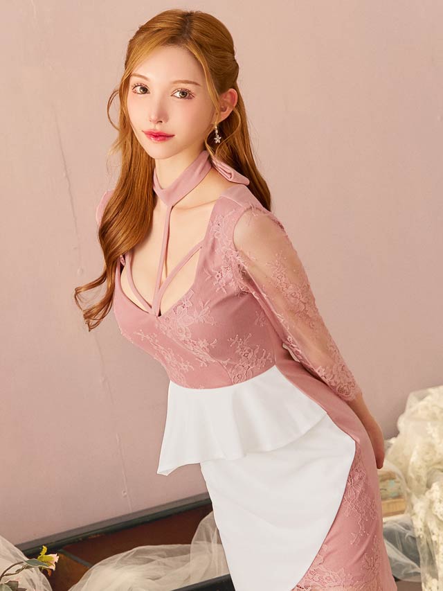 デコルテコードシアーレース七分袖ペプラムタイトミニドレス[S~LL/4サイズ展開]