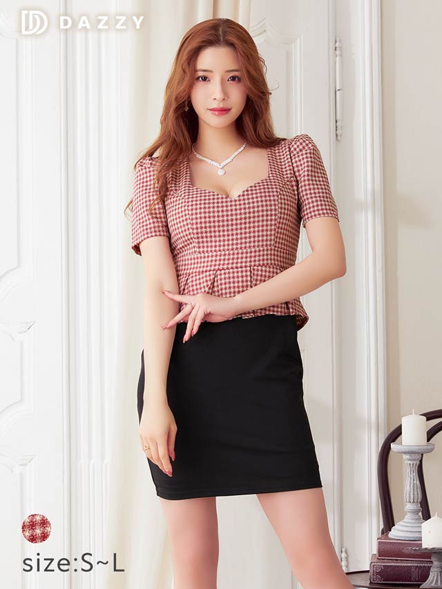 レトロチェックツイードペプラム半袖タイトミニドレス[SML/3サイズ展開]