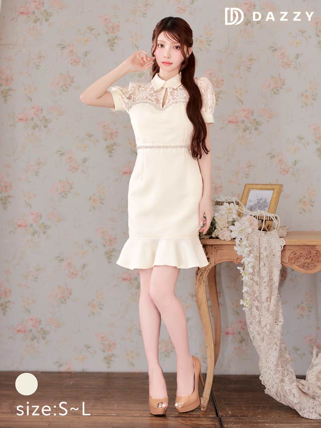 6/27新作!襟付きサマーツイードビジューレースパフスリーブマーメイドミニドレス[SML/3サイズ展開]