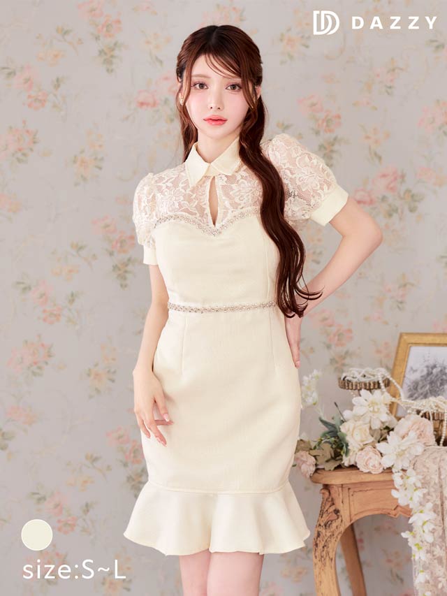 6/27新作!襟付きサマーツイードビジューレースパフスリーブマーメイドミニドレス[SML/3サイズ展開]