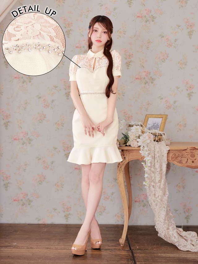 6/27新作!襟付きサマーツイードビジューレースパフスリーブマーメイドミニドレス[SML/3サイズ展開]
