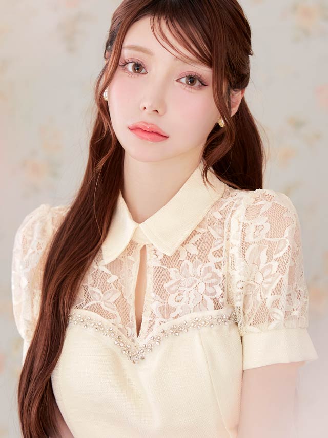 6/27新作!襟付きサマーツイードビジューレースパフスリーブマーメイドミニドレス[SML/3サイズ展開]