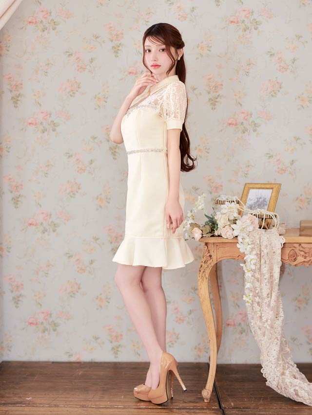 6/27新作!襟付きサマーツイードビジューレースパフスリーブマーメイドミニドレス[SML/3サイズ展開]