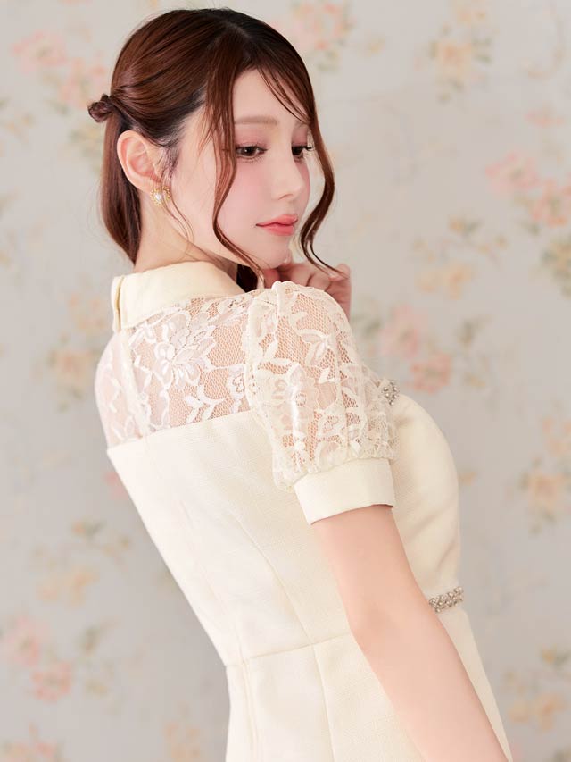 6/27新作!襟付きサマーツイードビジューレースパフスリーブマーメイドミニドレス[SML/3サイズ展開]