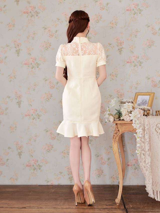 6/27新作!襟付きサマーツイードビジューレースパフスリーブマーメイドミニドレス[SML/3サイズ展開]