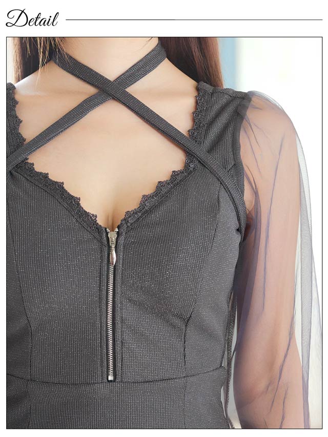 フロントジップクロスネックチュール長袖マーメイドミニドレス[SML/3サイズ展開][伊藤桃々着用]