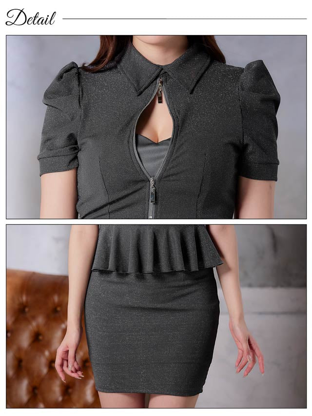 襟付きフロントジップペプラムパフスリーブタイトミニドレス[SML/3サイズ展開]