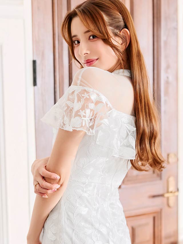 ハイネックボタニカルドッキングシアーフレア袖タイトミニドレス[SML/3サイズ展開]