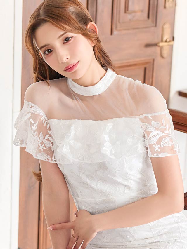 ハイネックボタニカルドッキングシアーフレア袖タイトミニドレス[SML/3サイズ展開]