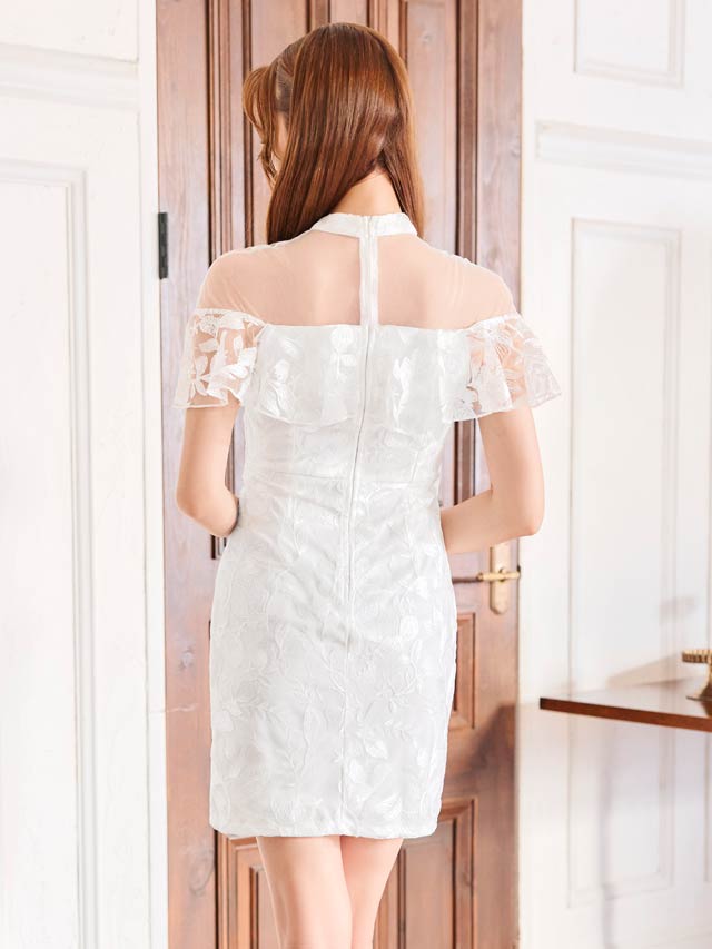 ハイネックボタニカルドッキングシアーフレア袖タイトミニドレス[SML/3サイズ展開]