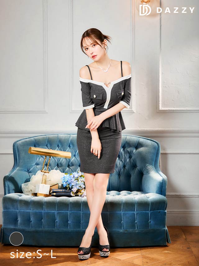 バイカラービジューオフショルペプラムタイトミニドレス[SML/3サイズ展開]