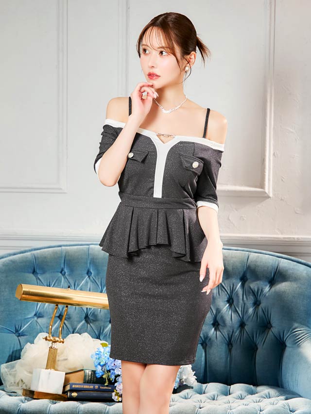 バイカラービジューオフショルペプラムタイトミニドレス[SML/3サイズ展開]