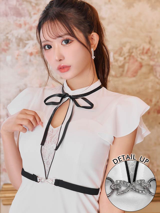 ボウタイリボンフリル袖ベルトモチーフマーメイドミニドレス[SML/3サイズ展開][伊藤桃々着用]