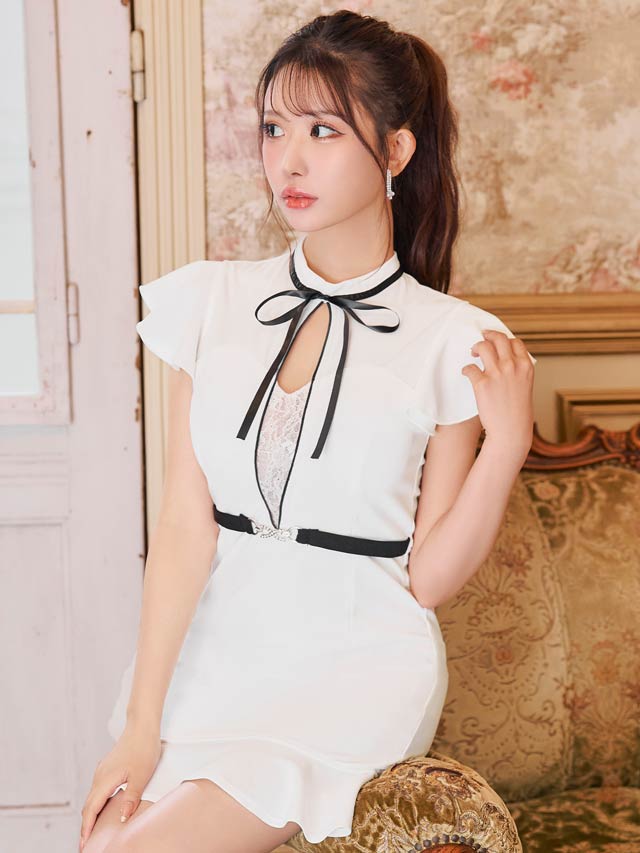 ボウタイリボンフリル袖ベルトモチーフマーメイドミニドレス[SML/3サイズ展開][伊藤桃々着用]