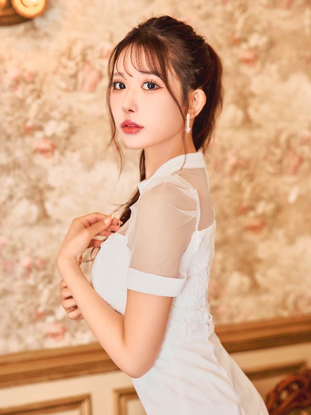 ケミカルレースドッキングシアーパフスリーブタイトミニドレス[SML/3サイズ展開][伊藤桃々着用]