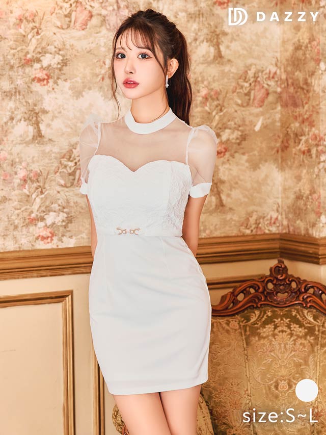 ケミカルレースドッキングシアーパフスリーブタイトミニドレス[SML/3サイズ展開][伊藤桃々着用]