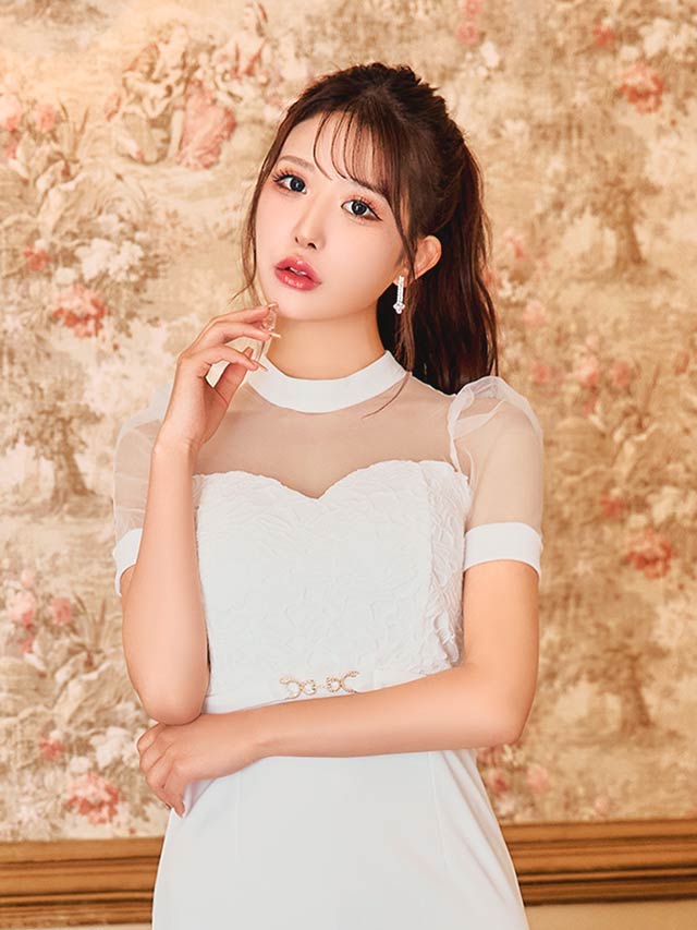 ケミカルレースドッキングシアーパフスリーブタイトミニドレス[SML/3サイズ展開][伊藤桃々着用]