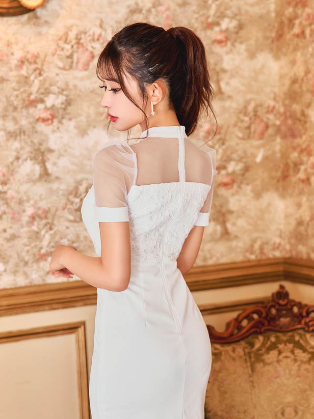 ケミカルレースドッキングシアーパフスリーブタイトミニドレス[SML/3サイズ展開][伊藤桃々着用]