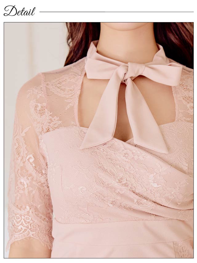 ネックリボンレース切り替え五分袖タイトミニドレス[SML/3サイズ展開][伊藤桃々着用]