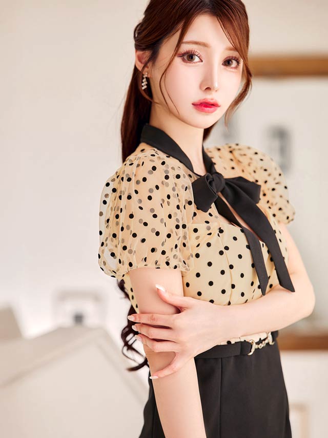 6/2新作!パフスリーブドットリボンベルトモチーフタイトミニドレス[SML/3サイズ展開]