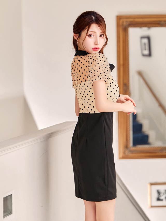 6/2新作!パフスリーブドットリボンベルトモチーフタイトミニドレス[SML/3サイズ展開]