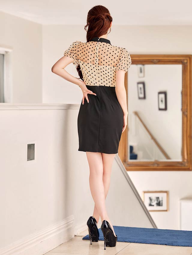 6/2新作!パフスリーブドットリボンベルトモチーフタイトミニドレス[SML/3サイズ展開]