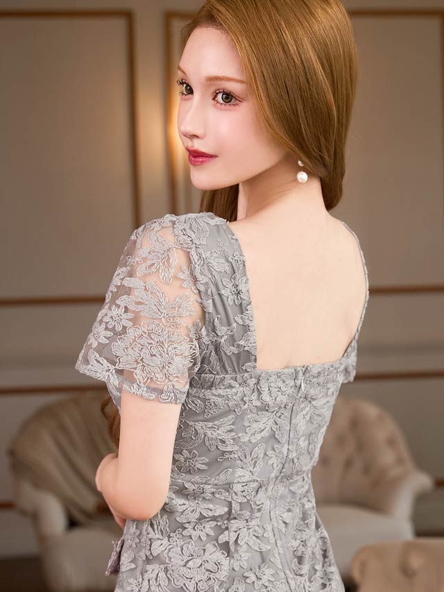 6/20新作!フロントジップフラワー刺繍シアー半袖マーメイドミニドレス[SML/3サイズ展開]