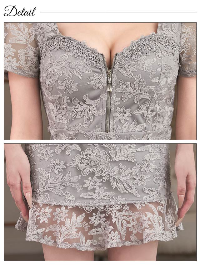 6/20新作!フロントジップフラワー刺繍シアー半袖マーメイドミニドレス[SML/3サイズ展開]