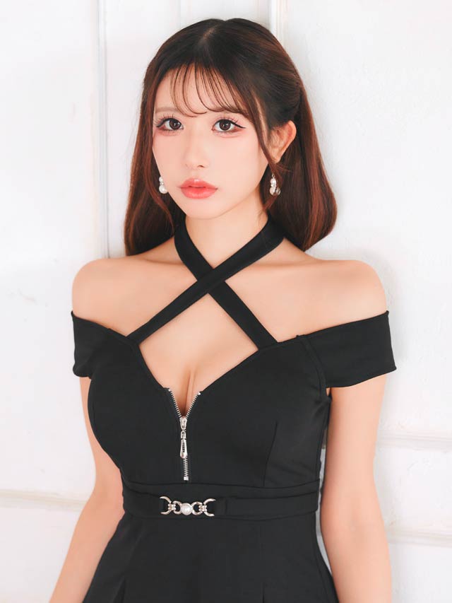 クロスネックフロントジップオフショルAラインミニドレス[SML/3サイズ展開][伊藤桃々着用]