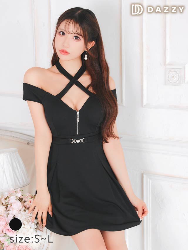 クロスネックフロントジップオフショルAラインミニドレス[SML/3サイズ展開][伊藤桃々着用]