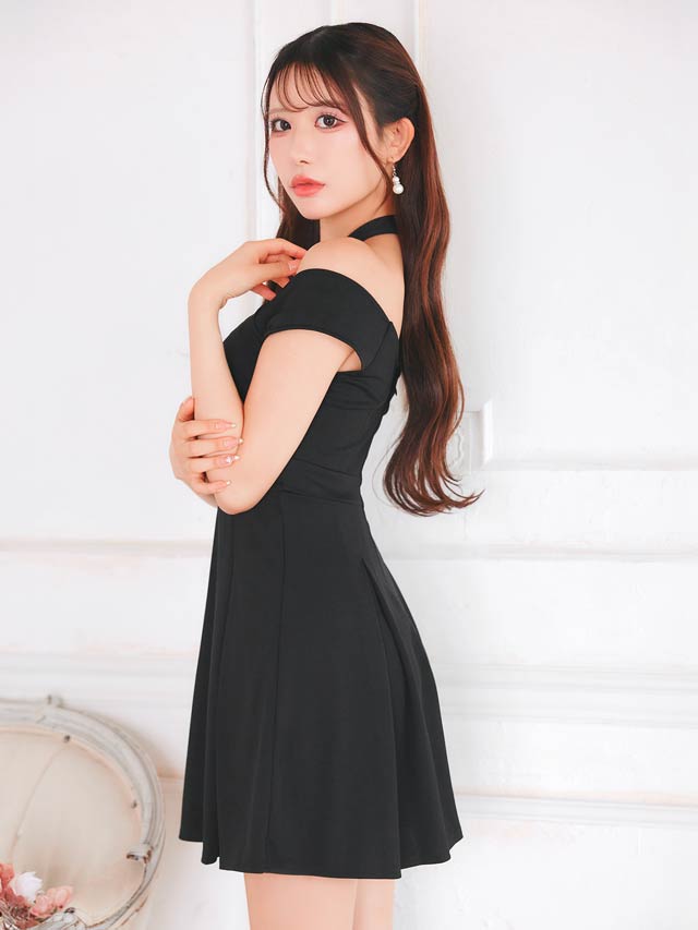 クロスネックフロントジップオフショルAラインミニドレス[SML/3サイズ展開][伊藤桃々着用]