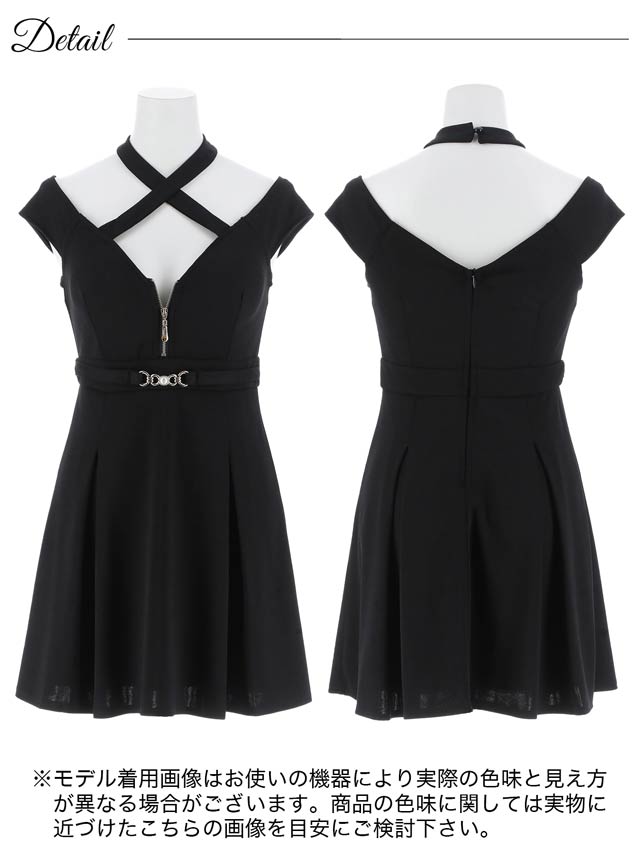クロスネックフロントジップオフショルAラインミニドレス[SML/3サイズ展開][伊藤桃々着用]