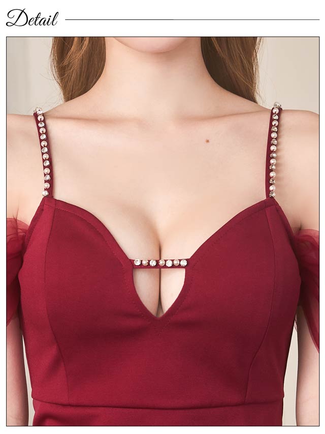 6/16新作!サイドギャザービジューチュールオフショルスリットタイトミニドレス[SML/3サイズ展開]