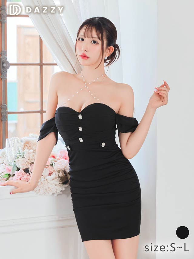 チェーンホルタービジューチュールオフショルタイトミニドレス[SML/3サイズ展開][伊藤桃々着用]