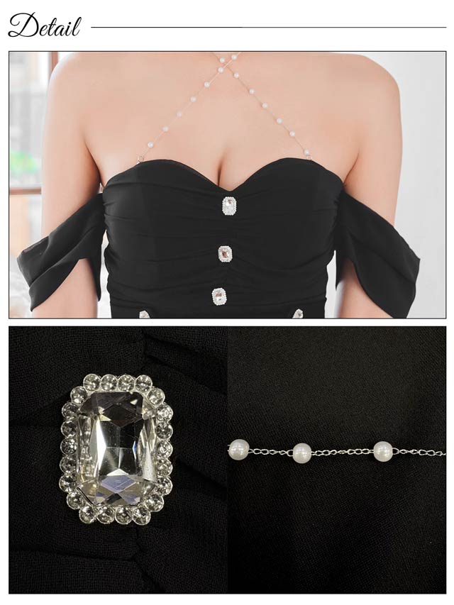 チェーンホルタービジューチュールオフショルタイトミニドレス[SML/3サイズ展開][伊藤桃々着用]