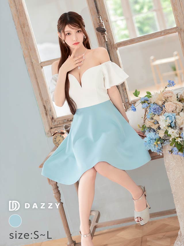 バイカラーオフショルフレアスリーブAラインミニドレス[SML/3サイズ展開][プチプラドレス]