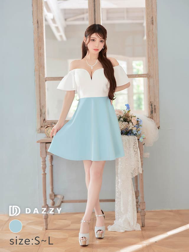 バイカラーオフショルフレアスリーブAラインミニドレス[SML/3サイズ展開][プチプラドレス]