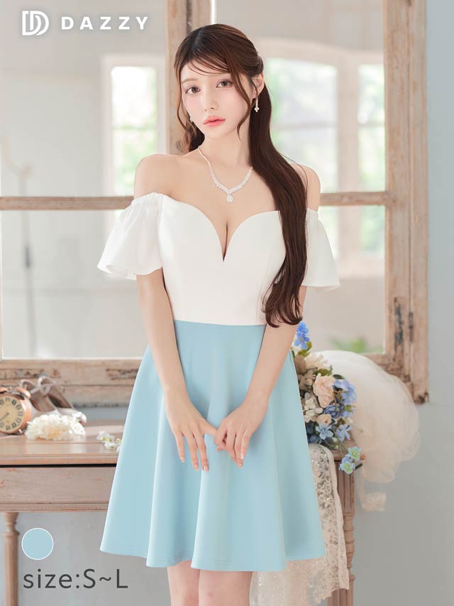バイカラーオフショルフレアスリーブAラインミニドレス[SML/3サイズ展開][プチプラドレス]