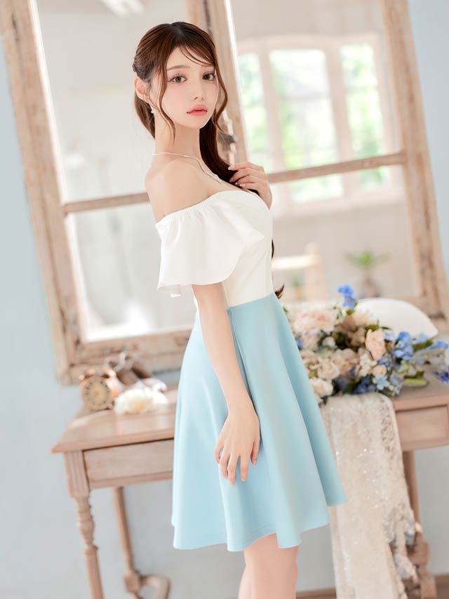 バイカラーオフショルフレアスリーブAラインミニドレス[SML/3サイズ展開][プチプラドレス]