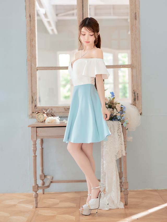 バイカラーオフショルフレアスリーブAラインミニドレス[SML/3サイズ展開][プチプラドレス]