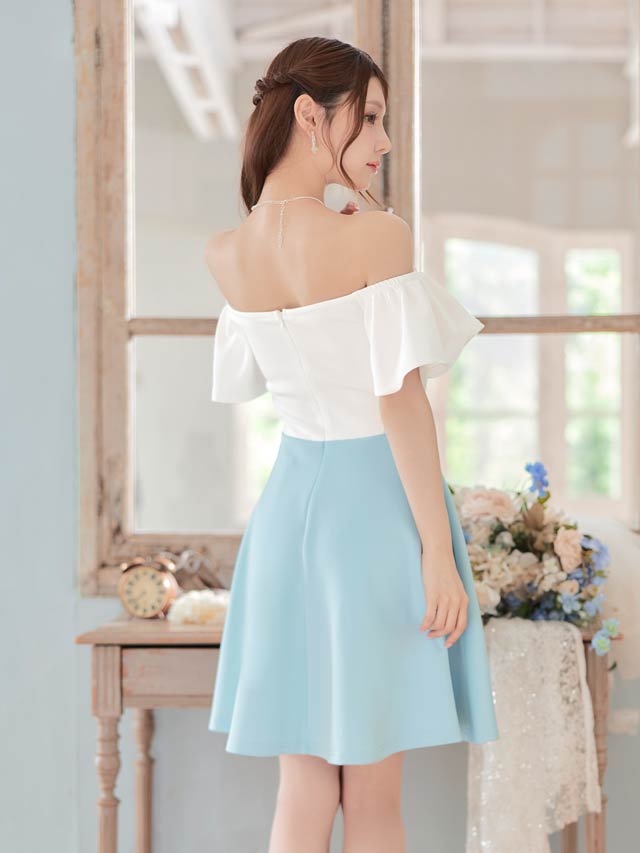 バイカラーオフショルフレアスリーブAラインミニドレス[SML/3サイズ展開][プチプラドレス]