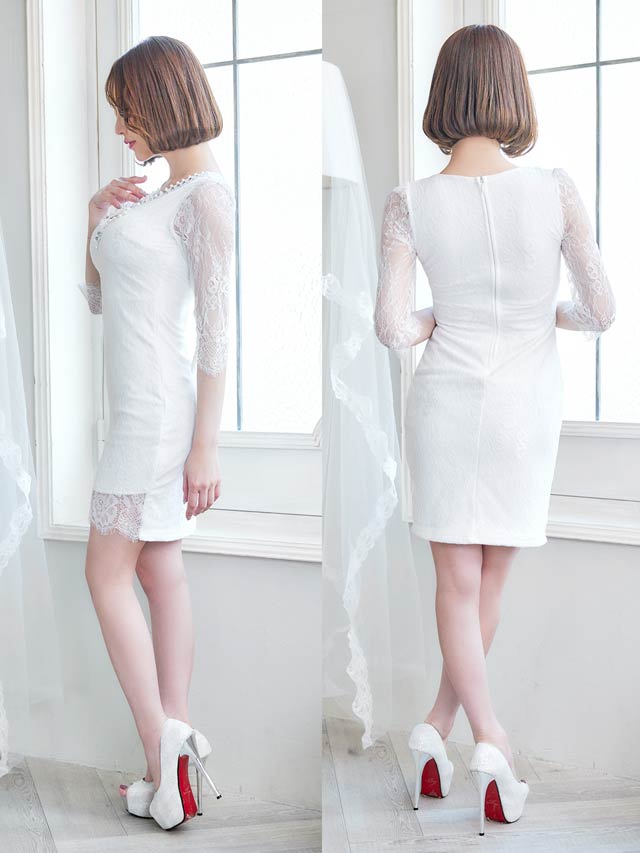 【盛りドレス】総レース五分袖タイトミニドレス[XS〜3L/6サイズ展開]